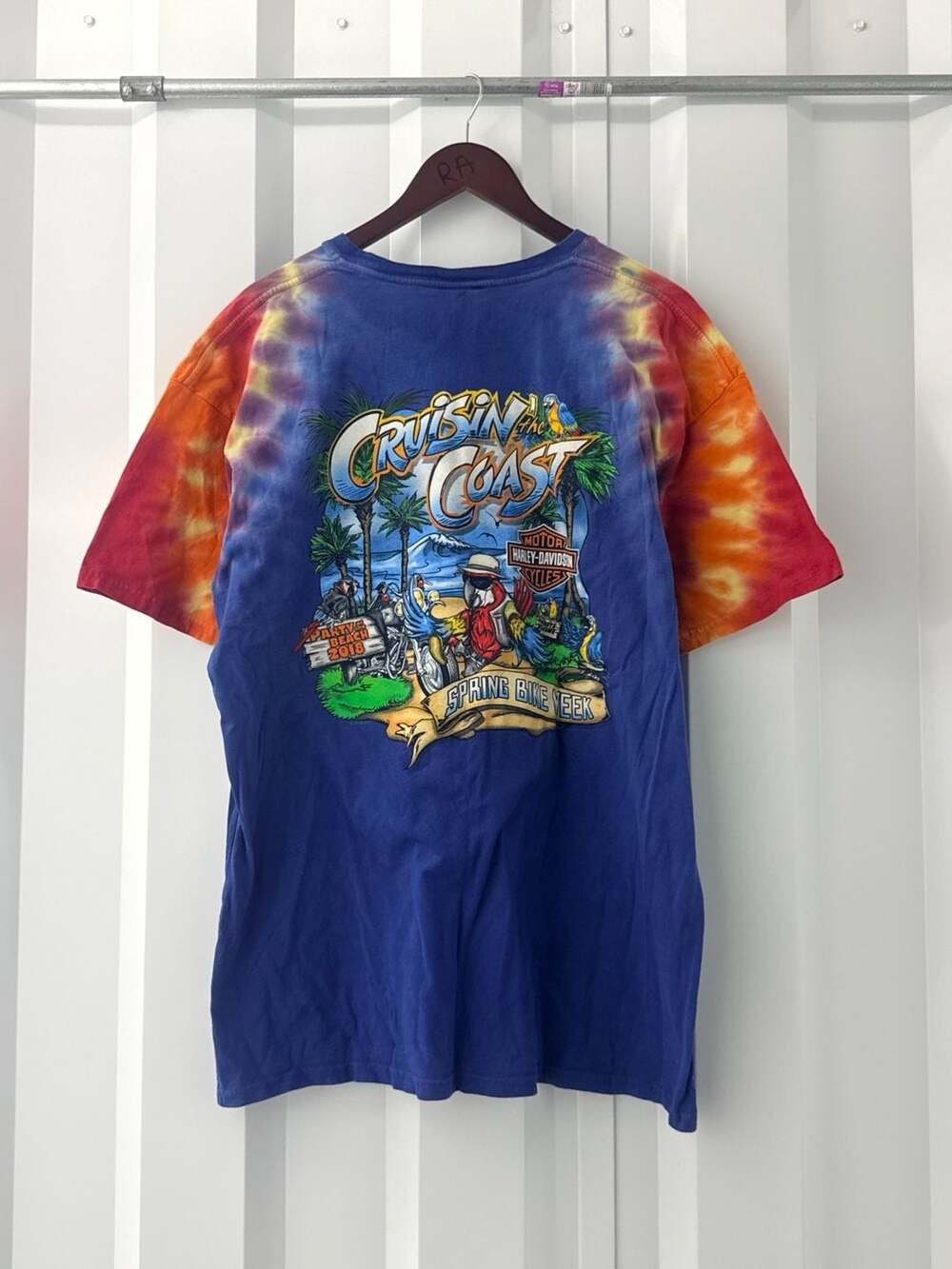 Harley Davidson Shirt XL Blue Tie Dye Cruisin The Coast Parrot Bike Week